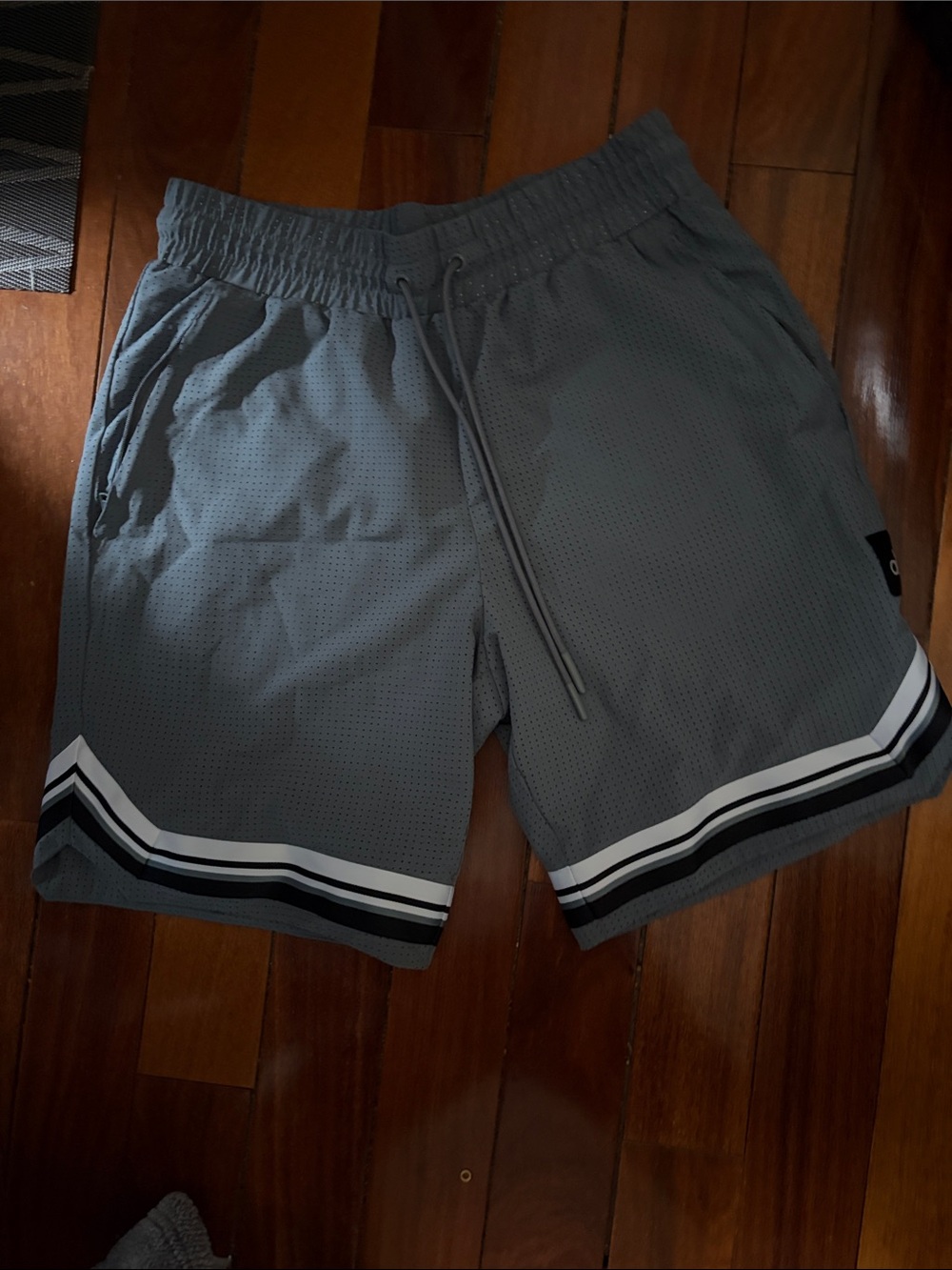 ALO Yoga Men's Grey Athletic Shorts with Contrast Hem Stripes